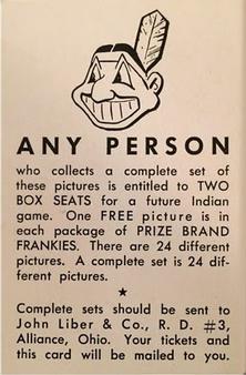 1956 Prize Frankies Cleveland Indians #11 Bobby Avila Back