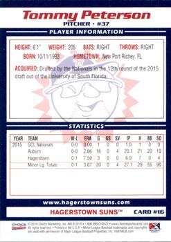 2016 Choice Hagerstown Suns #16 Tommy Peterson Back