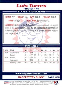 2016 Choice Hagerstown Suns #26 Luis Torres Back