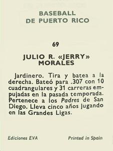 1972 Puerto Rican Winter League Stickers #69 Jerry Morales Back