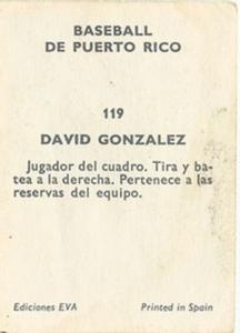 1972 Puerto Rican Winter League Stickers #119 David Gonzalez Back