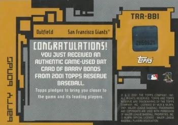 2001 Topps Reserve - Game Bats #TRR-BBI Barry Bonds  Back