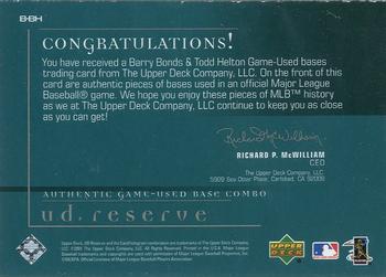 2001 UD Reserve - Ball-Base Duos #B-BH Barry Bonds / Todd Helton  Back