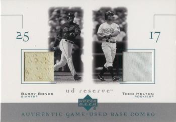 2001 UD Reserve - Ball-Base Duos #B-BH Barry Bonds / Todd Helton  Front