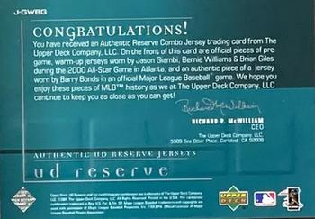 2001 UD Reserve - Game Jersey Quads #J-GWBG Jason Giambi / Bernie Williams / Barry Bonds / Brian Giles Back