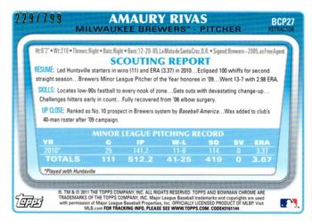 2011 Bowman - Chrome Prospects Refractors #BCP27 Amaury Rivas Back