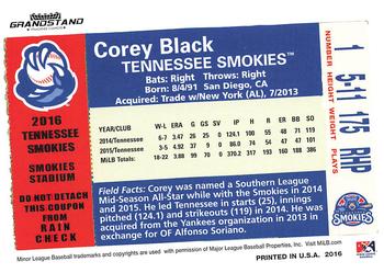 2016 Grandstand Tennessee Smokies #NNO Corey Black Back