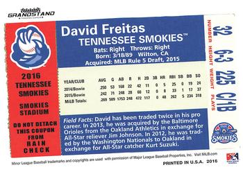 2016 Grandstand Tennessee Smokies #NNO David Freitas Back