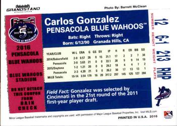 2016 Grandstand Pensacola Blue Wahoos #NNO Carlos Gonzalez Back