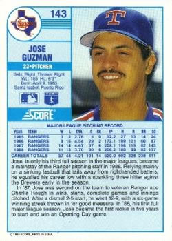 1989 Score #143 Jose Guzman Back