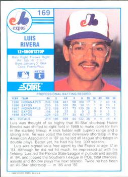 1989 Score #169 Luis Rivera Back