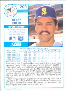 1989 Score #209 Henry Cotto Back