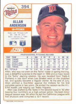 1989 Score #394 Allan Anderson Back