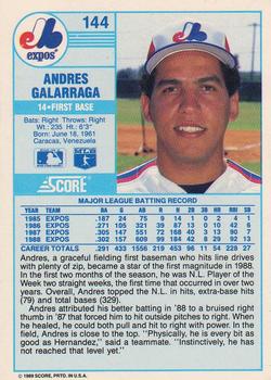 1989 Score #144 Andres Galarraga Back
