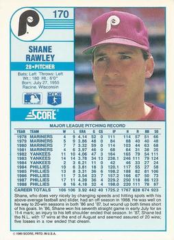 1989 Score #170 Shane Rawley Back