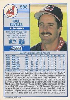 1989 Score #598 Paul Zuvella Back