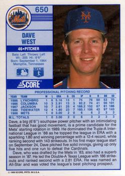 1989 Score #650 Dave West Back