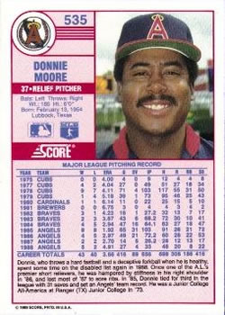 1989 Score #535 Donnie Moore Back