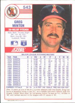 1989 Score #543 Greg Minton Back