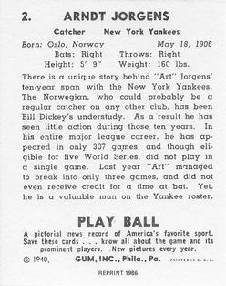 1986 1940 Play Ball (Reprint) #2 Art Jorgens Back