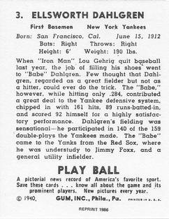 1986 1940 Play Ball (Reprint) #3 Babe Dahlgren Back