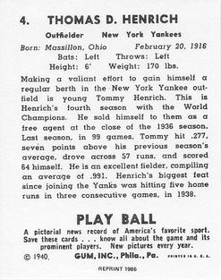 1986 1940 Play Ball (Reprint) #4 Tommy Henrich Back