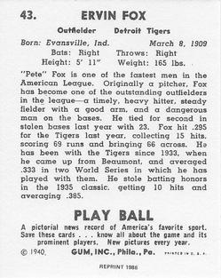 1986 1940 Play Ball (Reprint) #43 Pete Fox Back