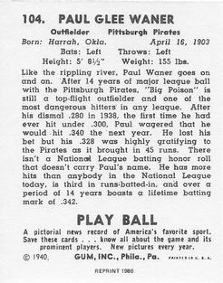 1986 1940 Play Ball (Reprint) #104 Paul Waner Back