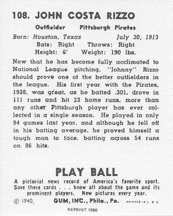 1986 1940 Play Ball (Reprint) #108 Johnny Rizzo Back