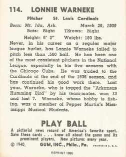 1986 1940 Play Ball (Reprint) #114 Lon Warneke Back