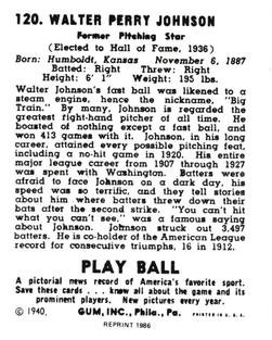 1986 1940 Play Ball (Reprint) #120 Walter Johnson Back
