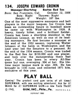 1986 1940 Play Ball (Reprint) #134 Joe Cronin Back