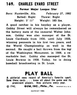 1986 1940 Play Ball (Reprint) #169 Gabby Street Back