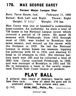 1986 1940 Play Ball (Reprint) #178 Max Carey Back