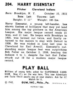 1986 1940 Play Ball (Reprint) #204 Harry Eisenstat Back
