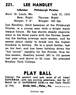 1986 1940 Play Ball (Reprint) #221 Lee Handley Back