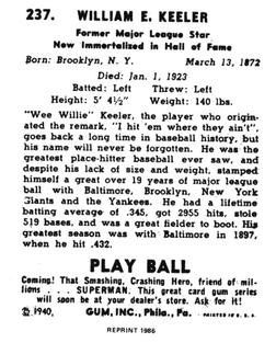 1986 1940 Play Ball (Reprint) #237 Willie Keeler Back