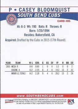 2016 Choice South Bend Cubs #05 Casey Bloomquist Back