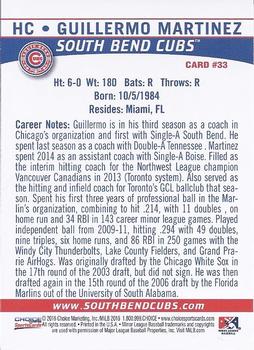 2016 Choice South Bend Cubs #33 Guillermo Martinez Back