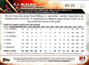 2016 Topps Pro Debut - Autographs Orange #86 C.J. McElroy Back