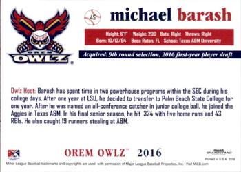 2016 Grandstand Orem Owlz #NNO Michael Barash Back