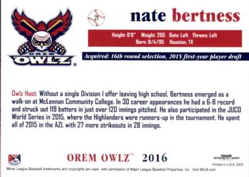 2016 Grandstand Orem Owlz #NNO Nate Bertness Back
