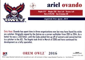 2016 Grandstand Orem Owlz #NNO Ariel Ovando Back