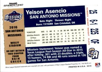 2016 Grandstand San Antonio Missions #NNO Yeison Asencio Back