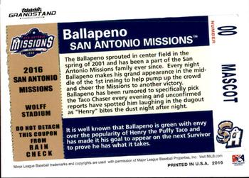 2016 Grandstand San Antonio Missions #NNO Ballapeno Back