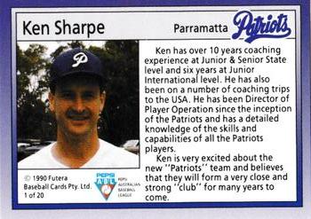 1992 Futera Pepsi ABL Parramatta Patriots #1 Ken Sharpe Back