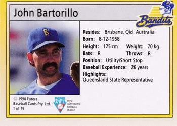 1992 Futera Pepsi ABL Brisbane Bandits #1 John Bartorillo Back