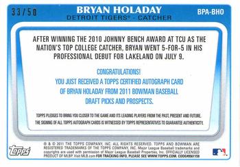2011 Bowman Draft Picks & Prospects - Prospects Autographs Gold #BPA-BHO Bryan Holaday Back