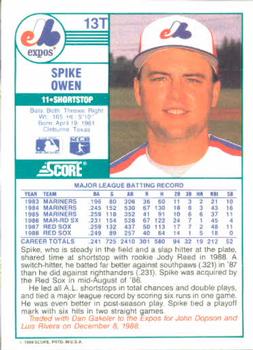 1989 Score Rookie & Traded #13T Spike Owen Back
