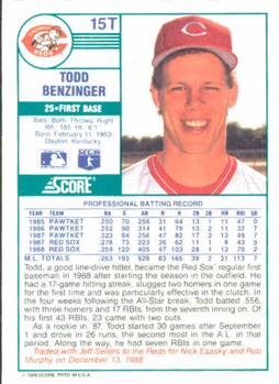 1989 Score Rookie & Traded #15T Todd Benzinger Back